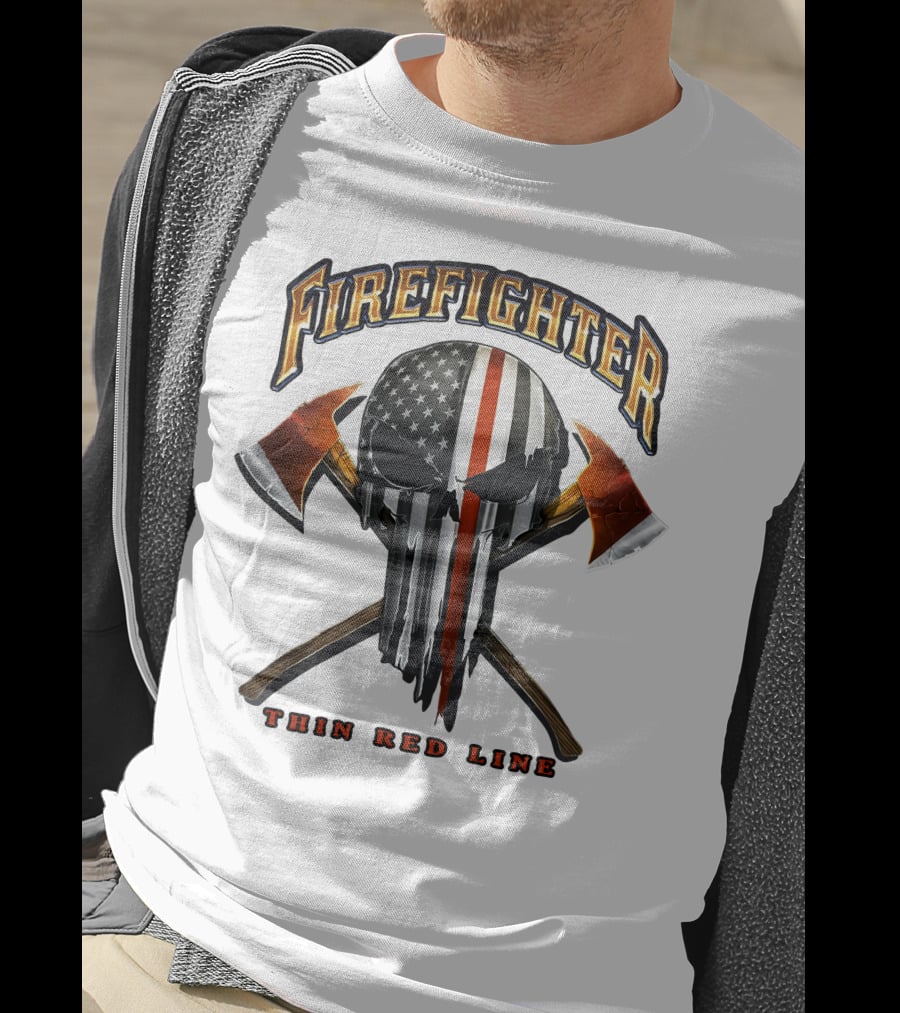 Firefighter Thin Red Line Punisher Skull American Flag Crossed Axes T-Shirt