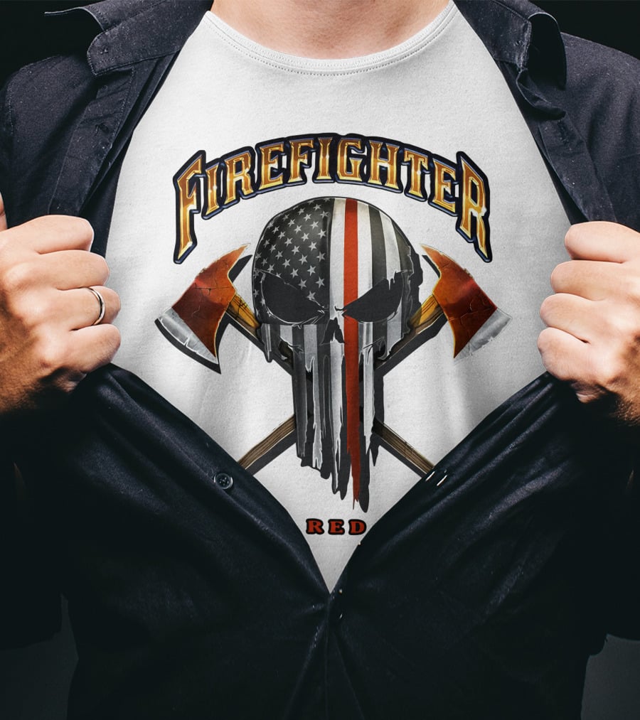 Firefighter Thin Red Line Punisher Skull American Flag Crossed Axes T-Shirt