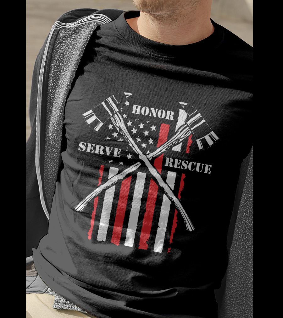 HONOR SERVE RESCUE FIREFIGHTER AXES AND RED STRIPES BACKGROUND T-Shirt