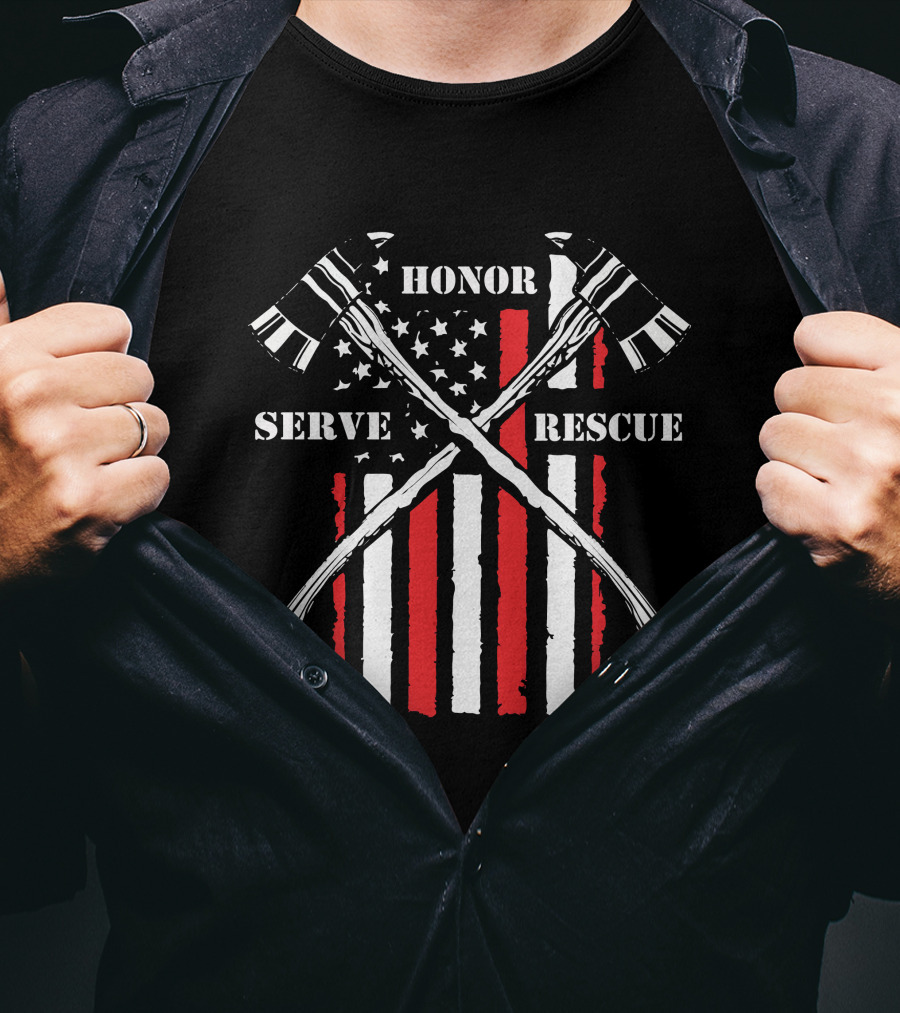 HONOR SERVE RESCUE FIREFIGHTER AXES AND RED STRIPES BACKGROUND T-Shirt