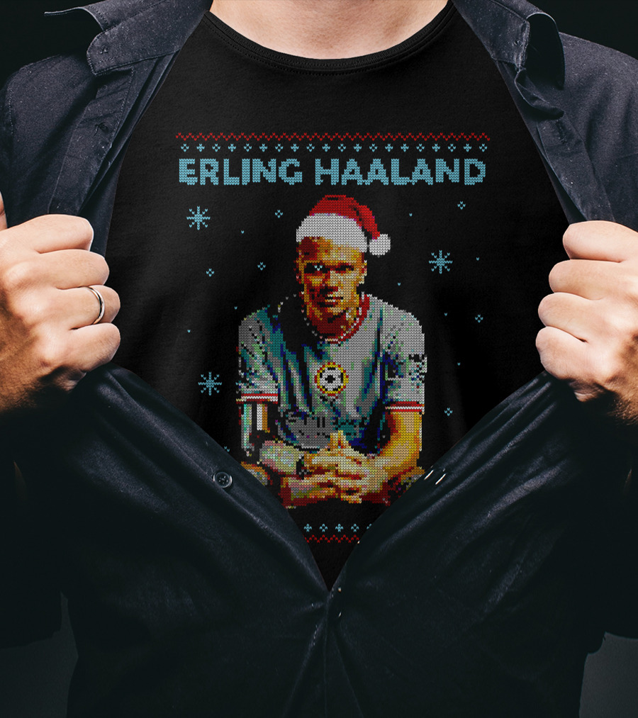 ERLING HAALAND Christmas Pixel Art With Santa Hat T-Shirt