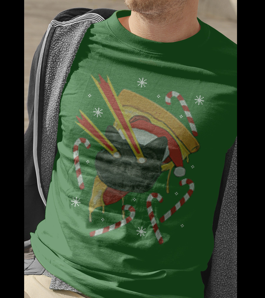 Drax Christmas Jumpers Cat Laser Eyes Christmas Pizza Candy Canes T-Shirt