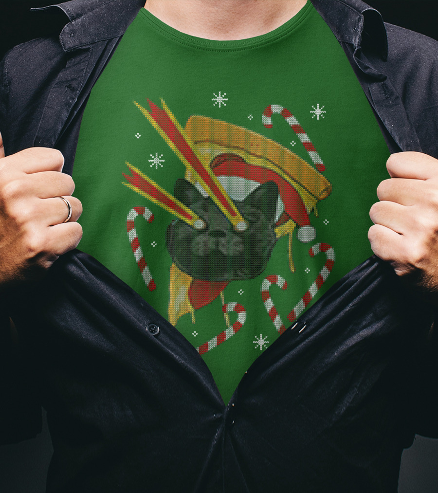 Drax Christmas Jumpers Cat Laser Eyes Christmas Pizza Candy Canes T-Shirt