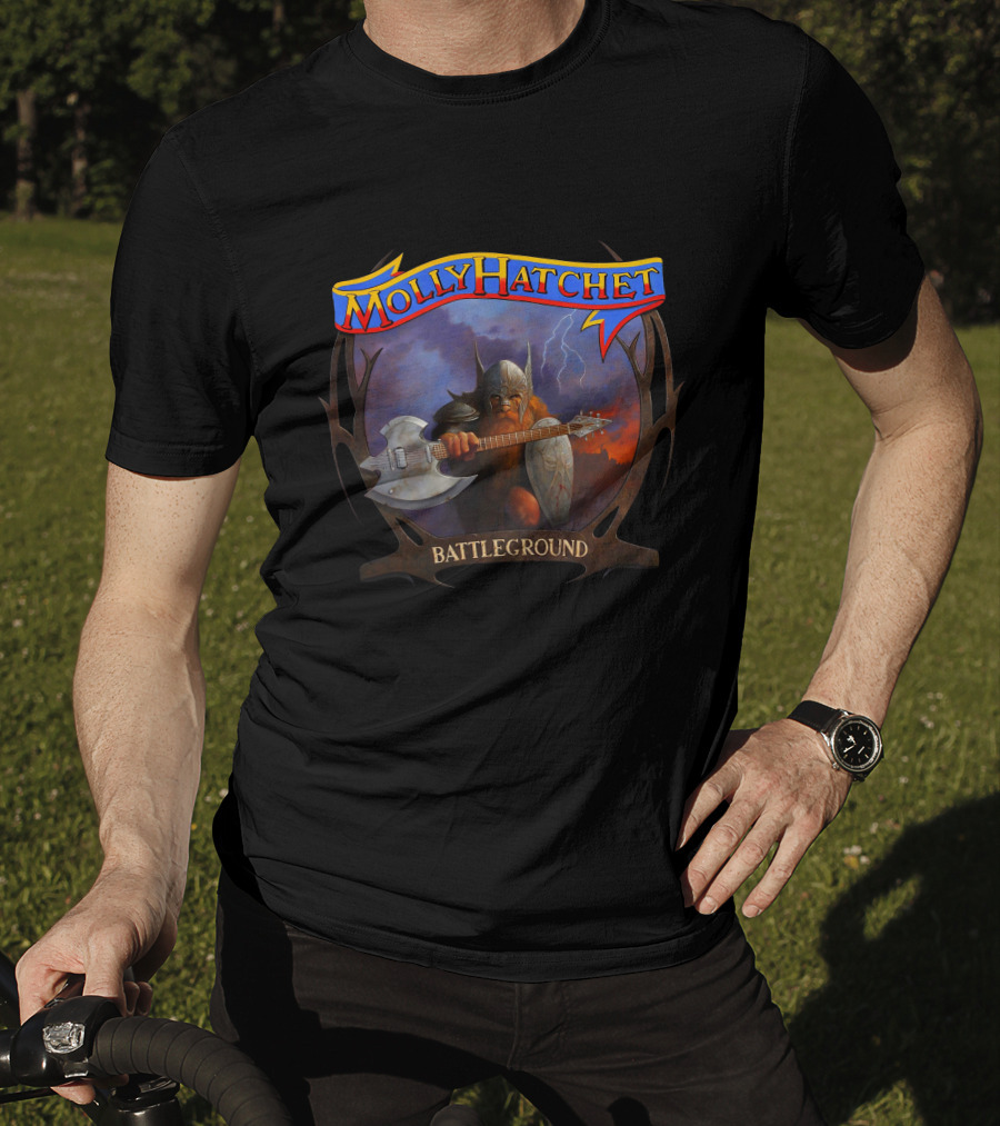 Molly Hatchet Battleground Viking Warrior With Axe Guitar And Shield T-Shirt