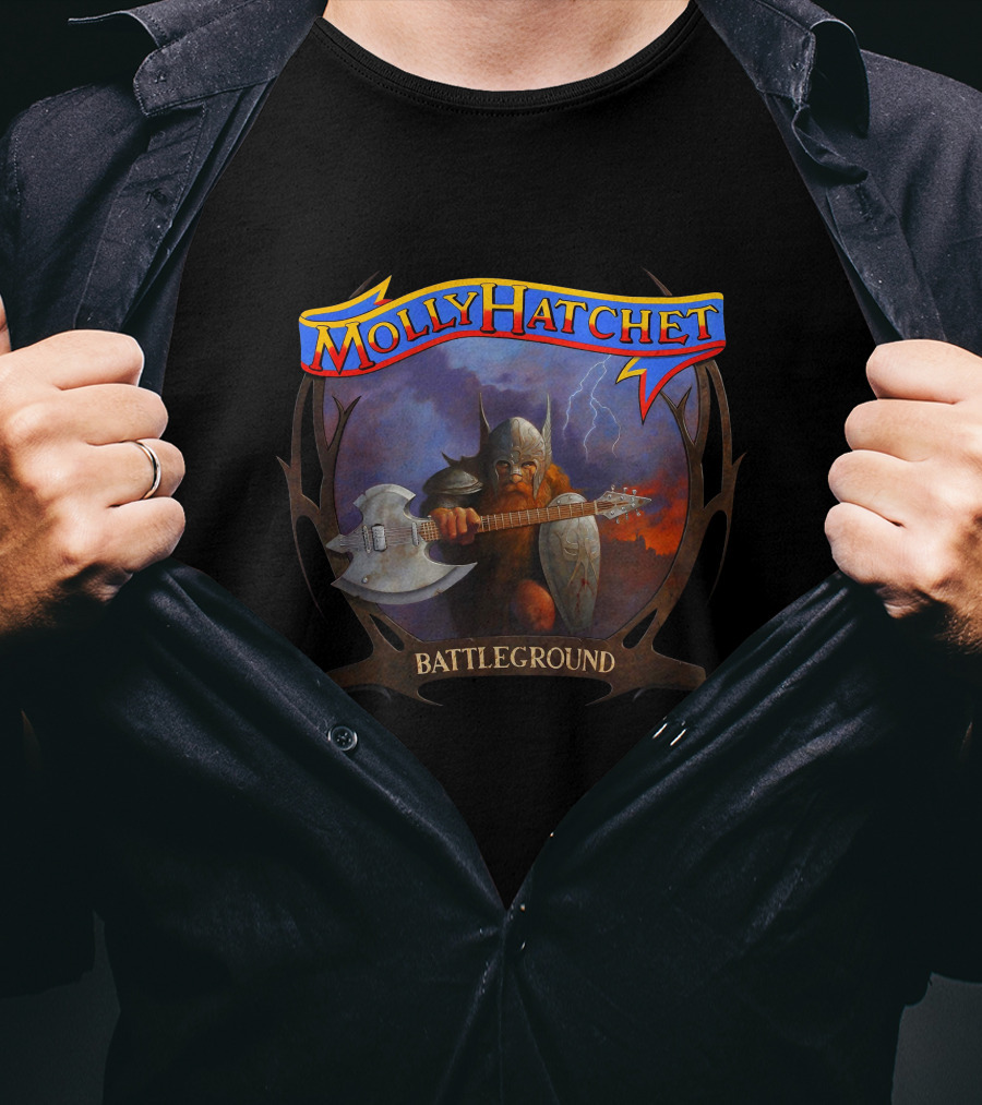 Molly Hatchet Battleground Viking Warrior With Axe Guitar And Shield T-Shirt
