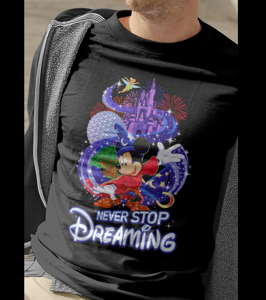 Never Stop Dreaming Mickey Sorcerer Castle Fireworks T-Shirt