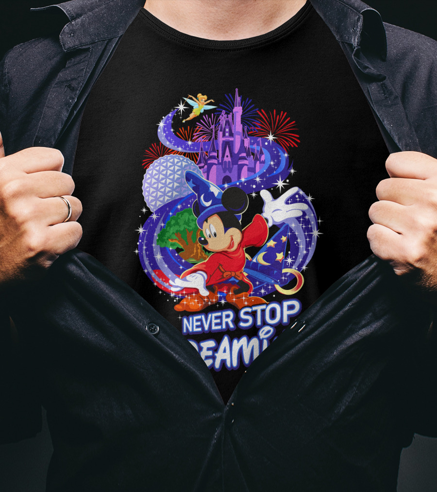 Never Stop Dreaming Mickey Sorcerer Castle Fireworks T-Shirt