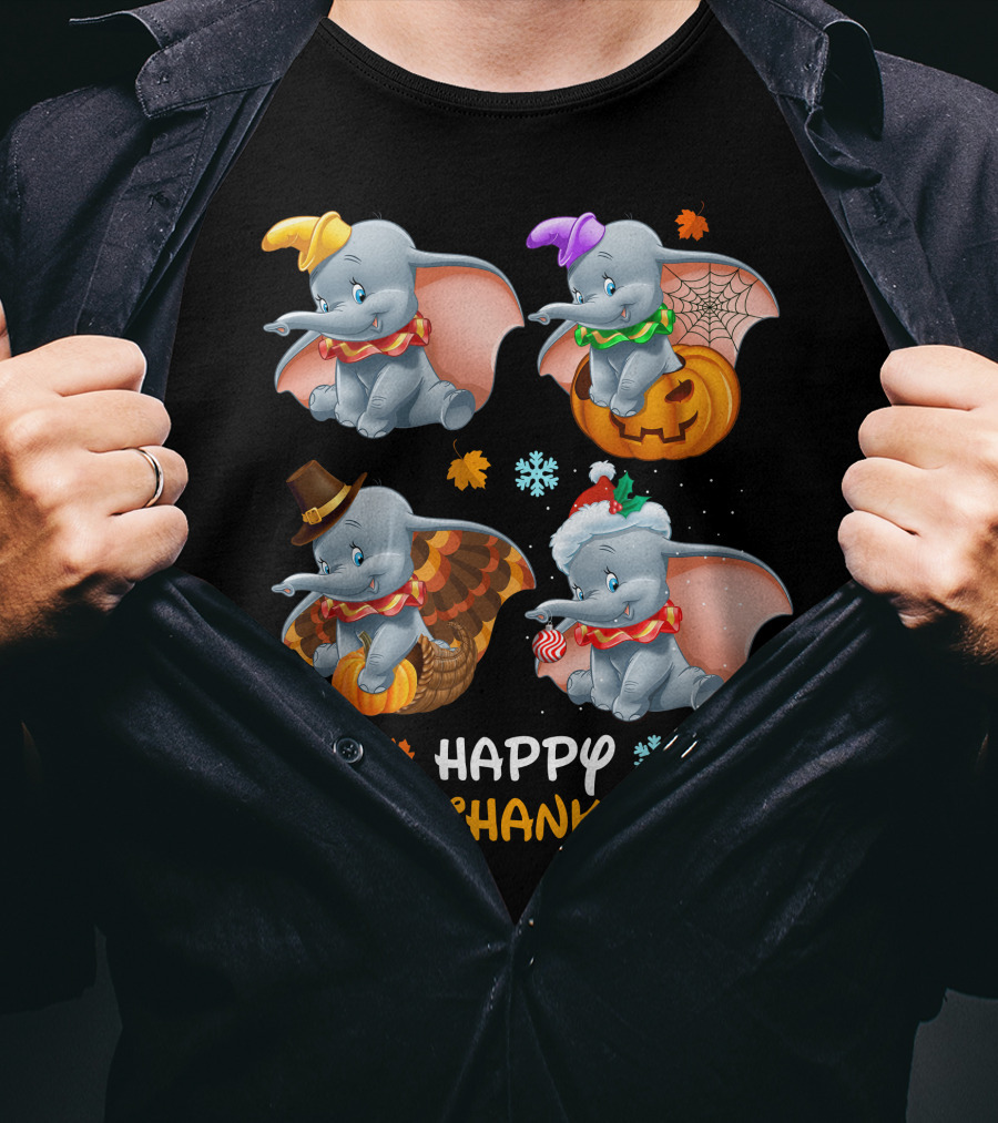 Happy Hallothanksmas With Dumbo In Halloween Thanksgiving Christmas Themes T-Shirt