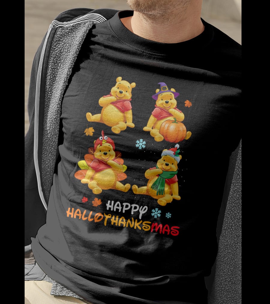 Happy Hallothanksmas Pooh Bear Seasonal Holiday Fun T-Shirt