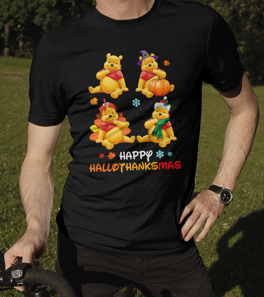 Happy Hallothanksmas Pooh Bear Seasonal Holiday Fun T-Shirt