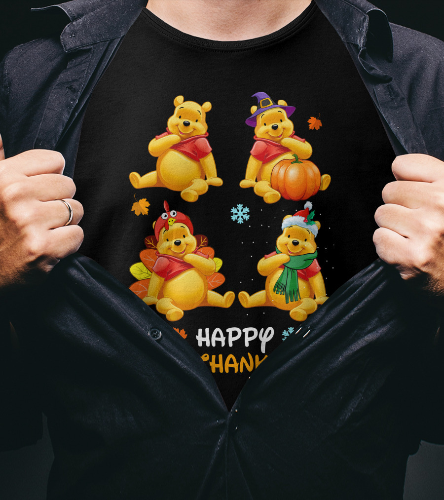 Happy Hallothanksmas Pooh Bear Seasonal Holiday Fun T-Shirt