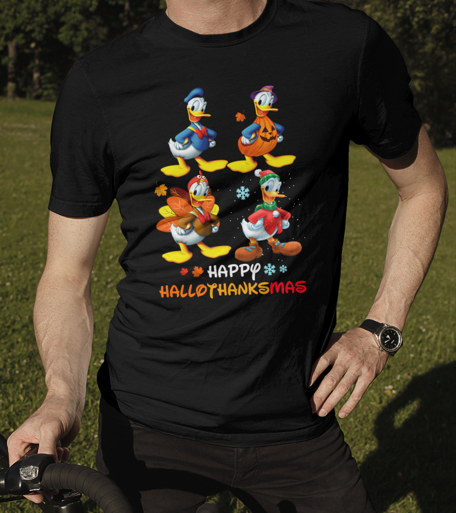 Happy Hallothanksmas Donald Duck Characters Halloween Thanksgiving Christmas T-Shirt
