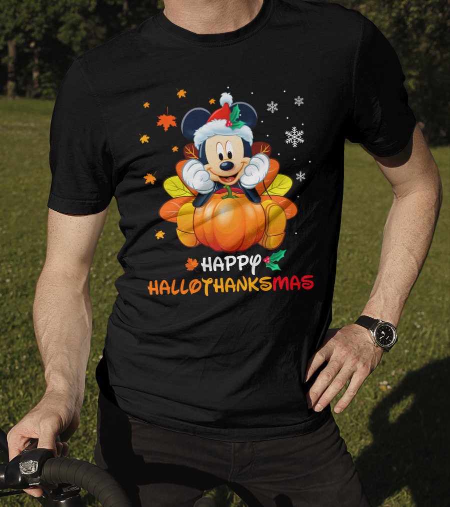 Happy Hallothanksmas Mickey Pumpkin Festive Leaves Snowflakes T-Shirt