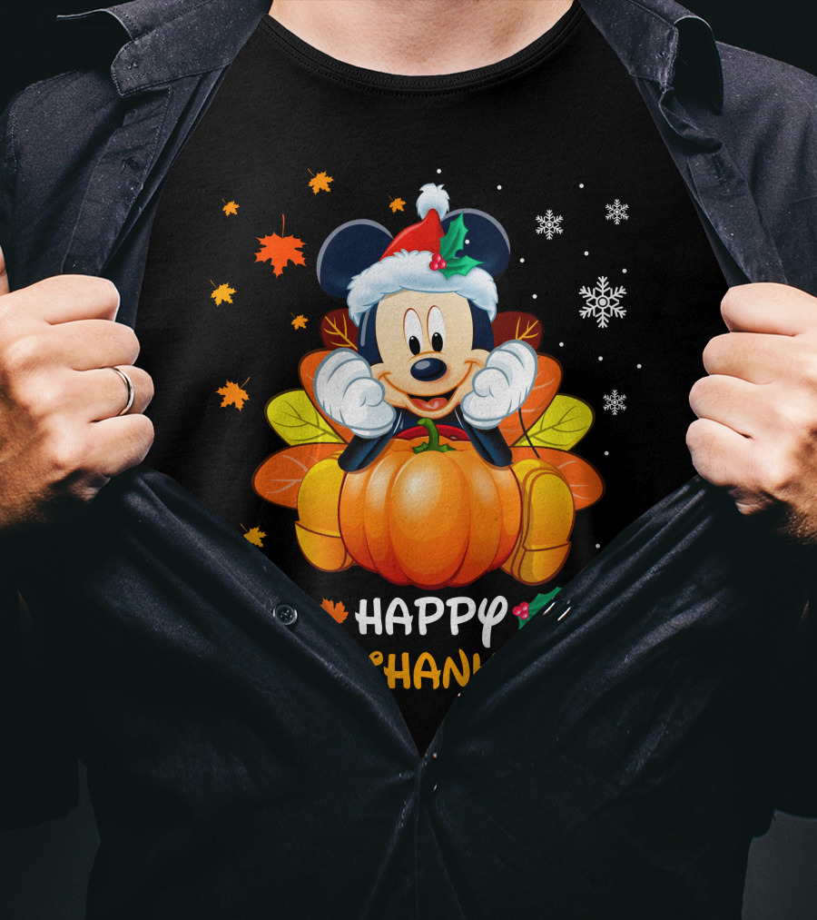 Happy Hallothanksmas Mickey Pumpkin Festive Leaves Snowflakes T-Shirt