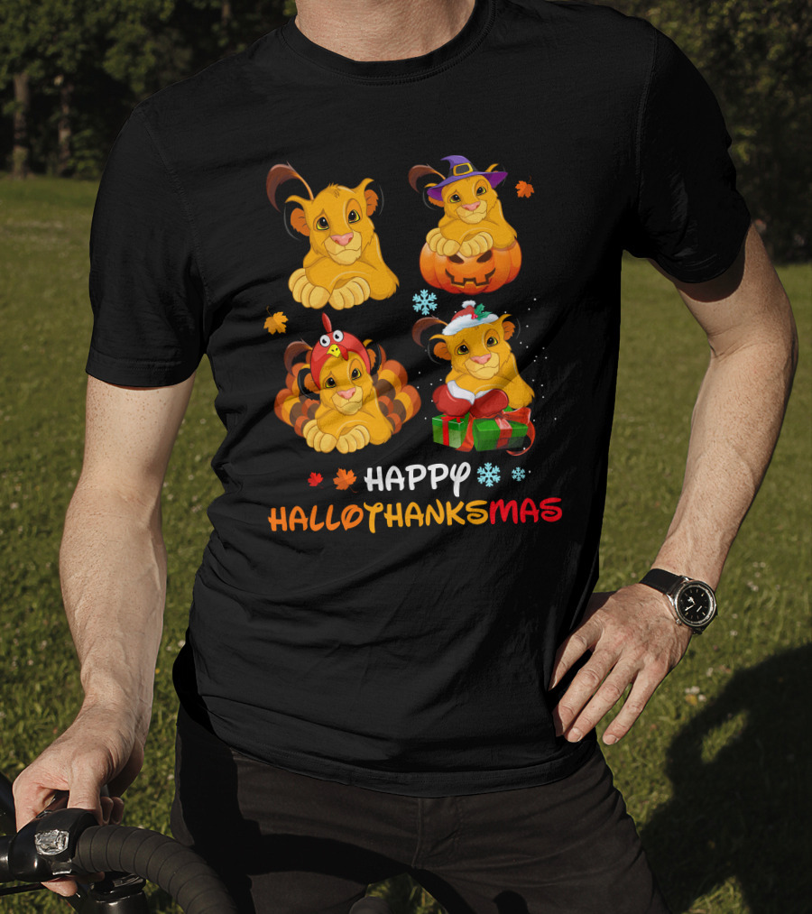 Happy Hallothanksmas Simba Lion Pumpkin Turkey Santa Hat Snowflakes T-Shirt