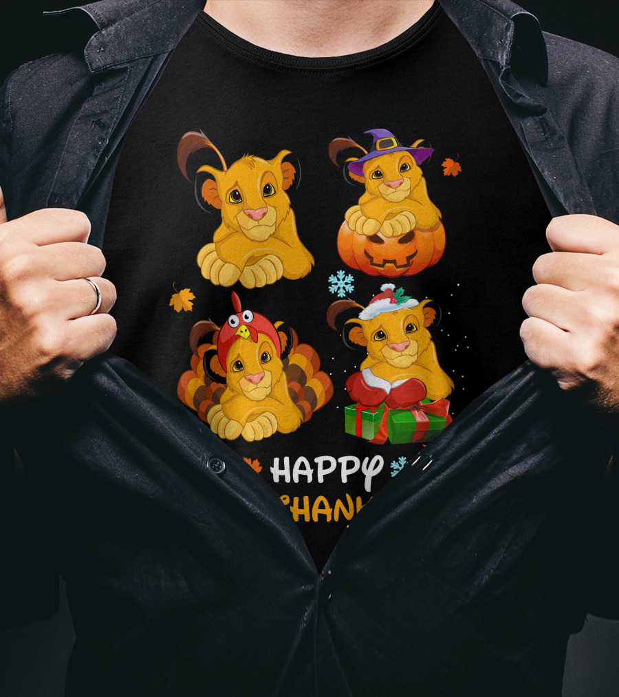 Happy Hallothanksmas Simba Lion Pumpkin Turkey Santa Hat Snowflakes T-Shirt