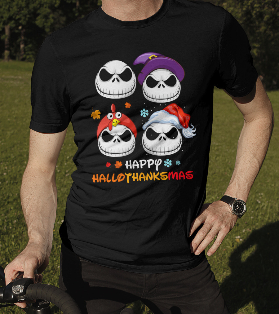 Happy HALLOTHANKSMAS Jack Skellington Faces With Witch Hat Turkey Hat Santa Hat Leaves Snowflakes T-Shirt