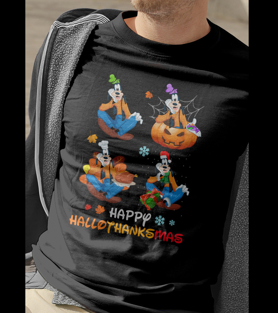 HAPPY HALLOTHANKSMAS Goofy Halloween Thanksgiving Christmas Festive Cartoon Characters T-Shirt
