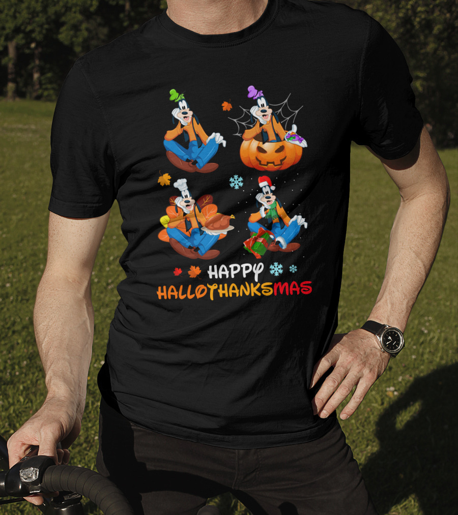 HAPPY HALLOTHANKSMAS Goofy Halloween Thanksgiving Christmas Festive Cartoon Characters T-Shirt