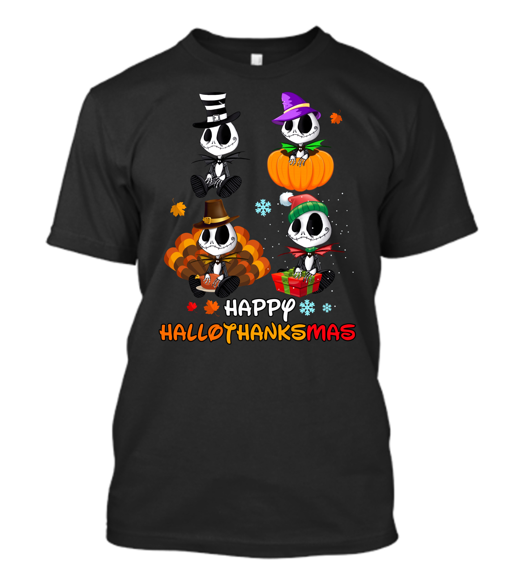 Jack Skellington Happy HALLOTHANKSMAS Pumpkin Witch Hat Turkey Santa Gift Snowflake Leaves T-Shirt