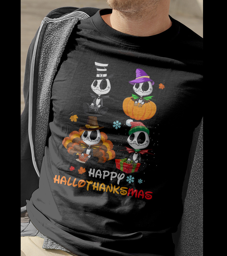 Jack Skellington Happy HALLOTHANKSMAS Pumpkin Witch Hat Turkey Santa Gift Snowflake Leaves T-Shirt