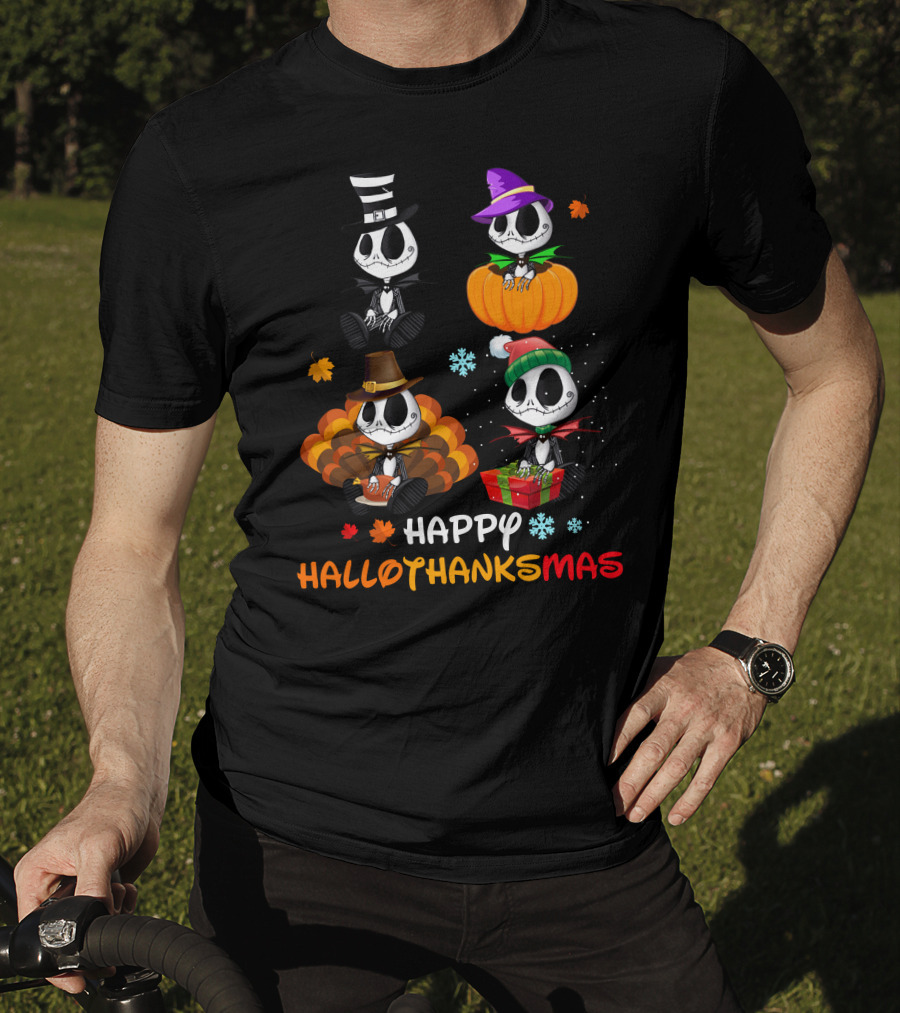 Jack Skellington Happy HALLOTHANKSMAS Pumpkin Witch Hat Turkey Santa Gift Snowflake Leaves T-Shirt