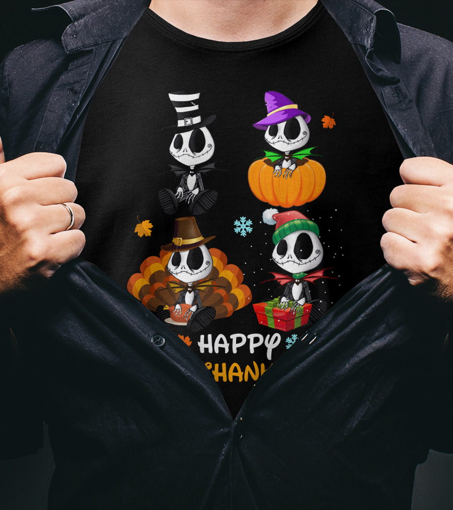 Jack Skellington Happy HALLOTHANKSMAS Pumpkin Witch Hat Turkey Santa Gift Snowflake Leaves T-Shirt