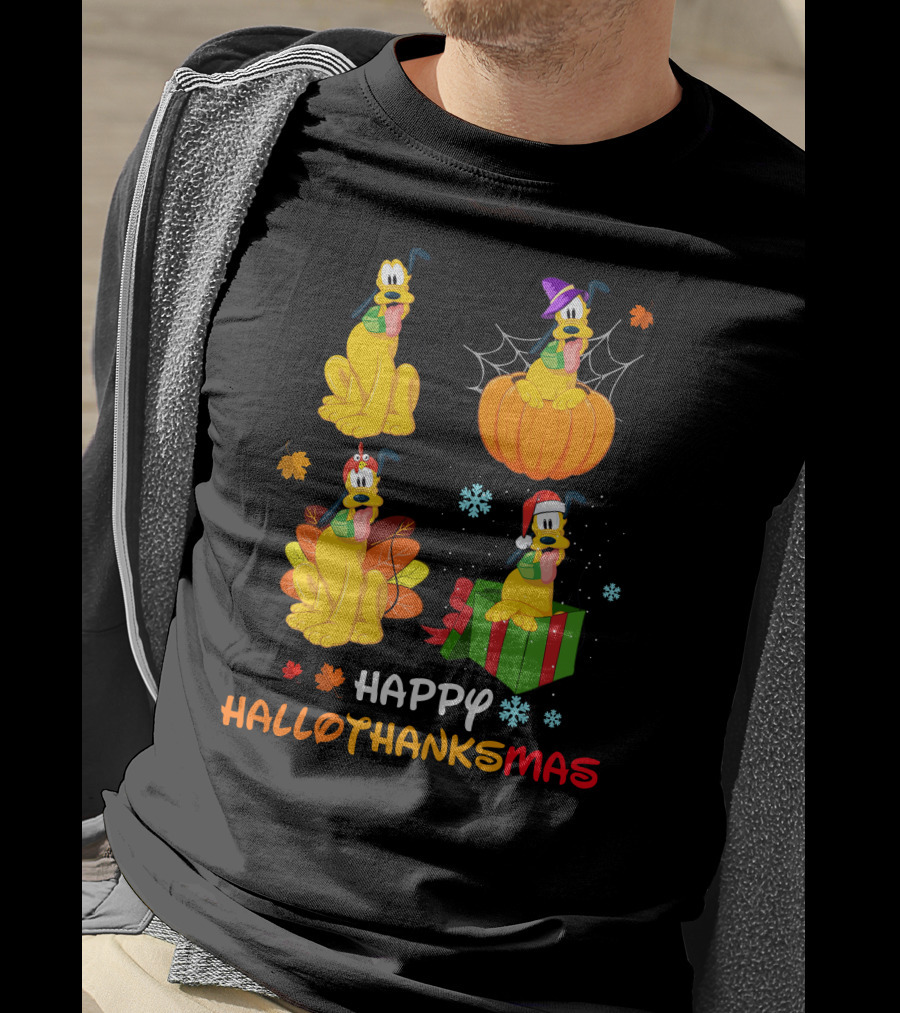 Happy HALLOTHANKSMAS Pluto In Halloween Pumpkin Thanksgiving Leaves Christmas Present Snowflakes T-Shirt