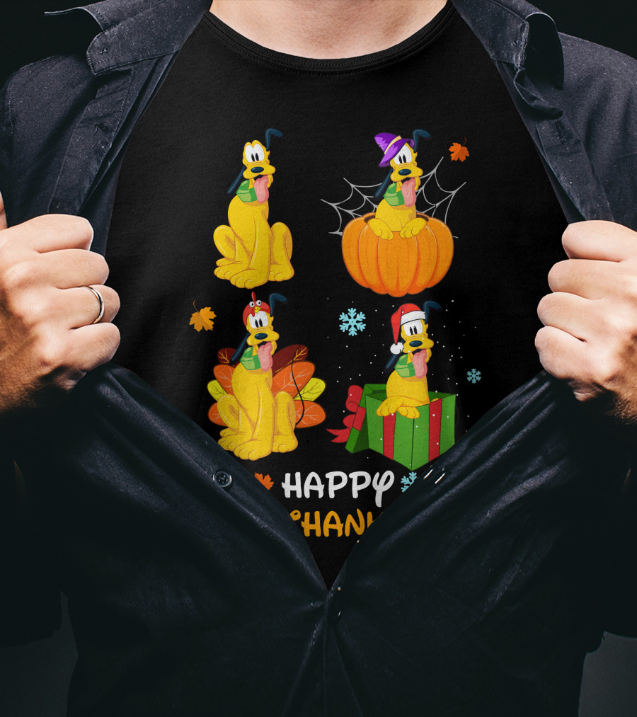 Happy HALLOTHANKSMAS Pluto In Halloween Pumpkin Thanksgiving Leaves Christmas Present Snowflakes T-Shirt