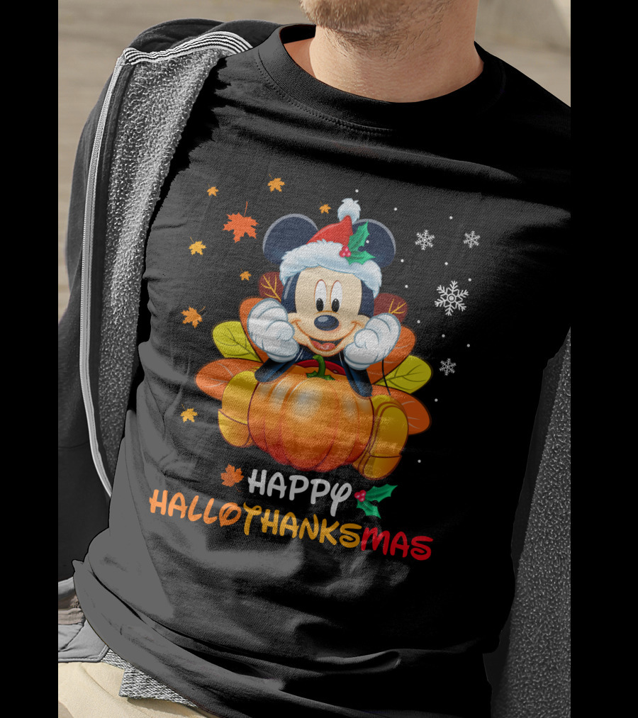 Happy HALLOTHANKSMAS Mickey Mouse Santa Pumpkin Leaves Snowflakes T-Shirt