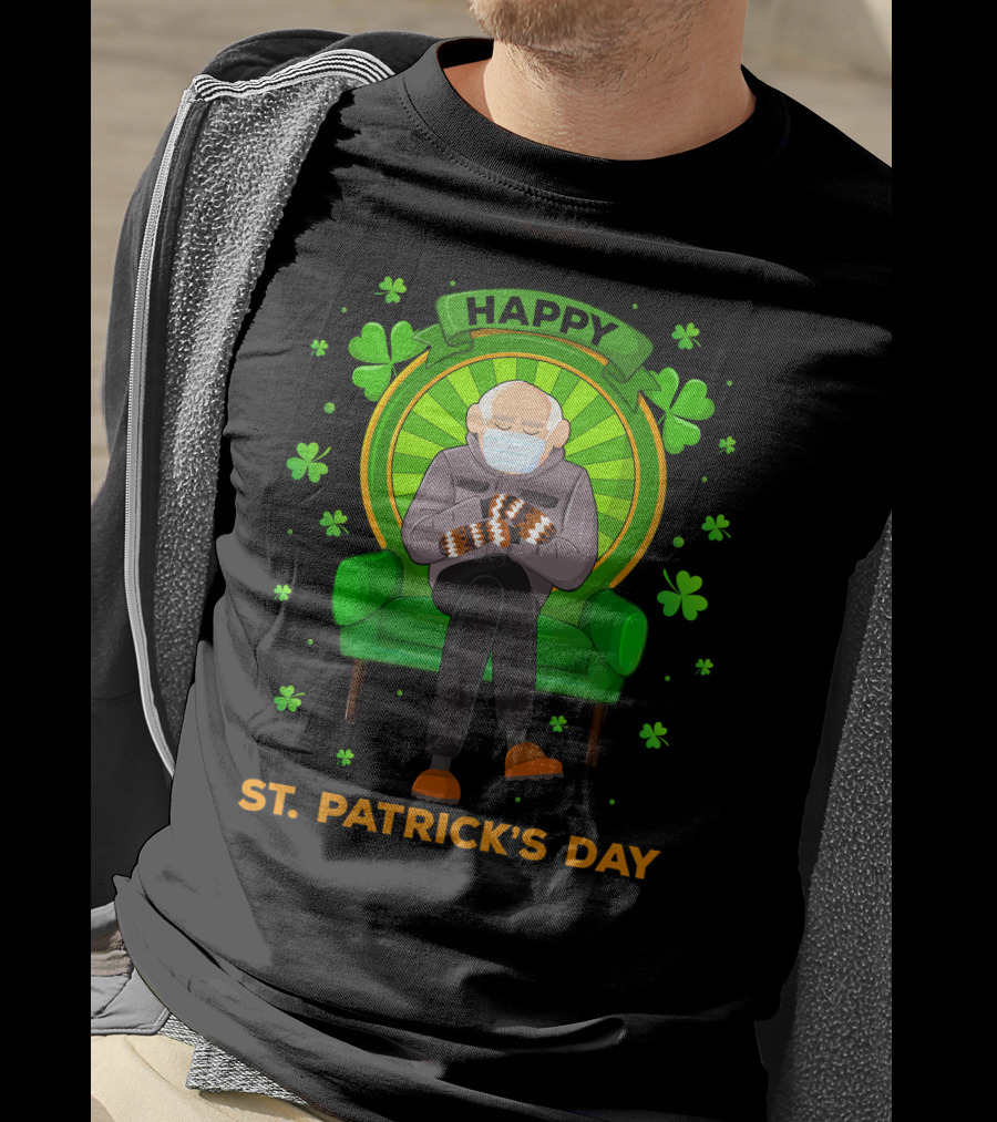 Happy St. Patrick's Day Masked Sitting Man With Mittens Surrounded By Clovers T-Shirt