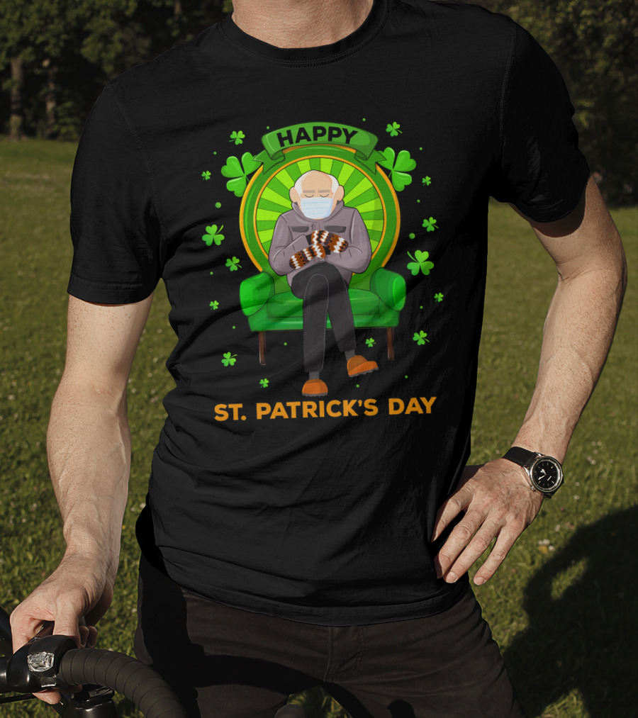 Happy St. Patrick's Day Masked Sitting Man With Mittens Surrounded By Clovers T-Shirt