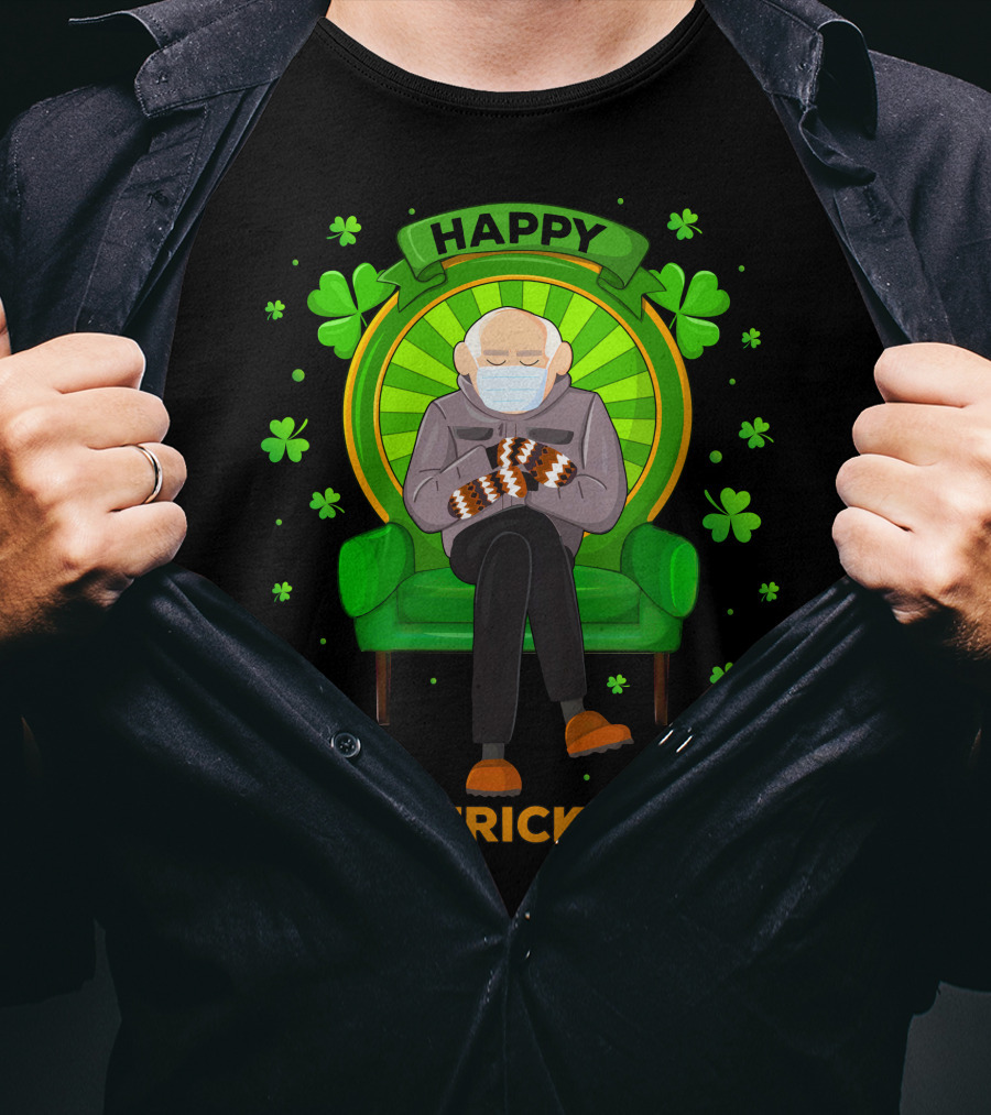 Happy St. Patrick's Day Masked Sitting Man With Mittens Surrounded By Clovers T-Shirt