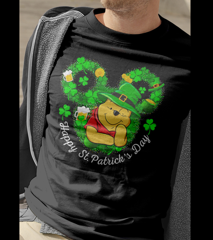 Happy St. Patrick's Day Pooh Shamrocks And Green Hat T-Shirt