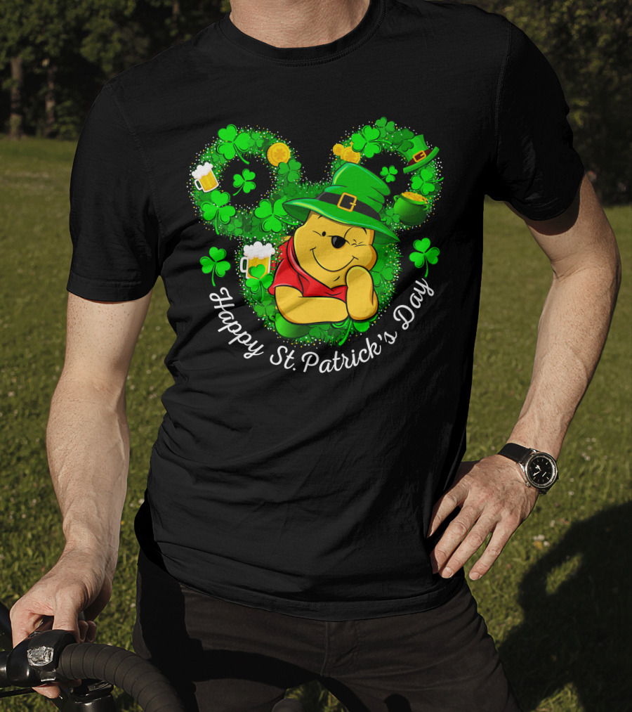 Happy St. Patrick's Day Pooh Shamrocks And Green Hat T-Shirt