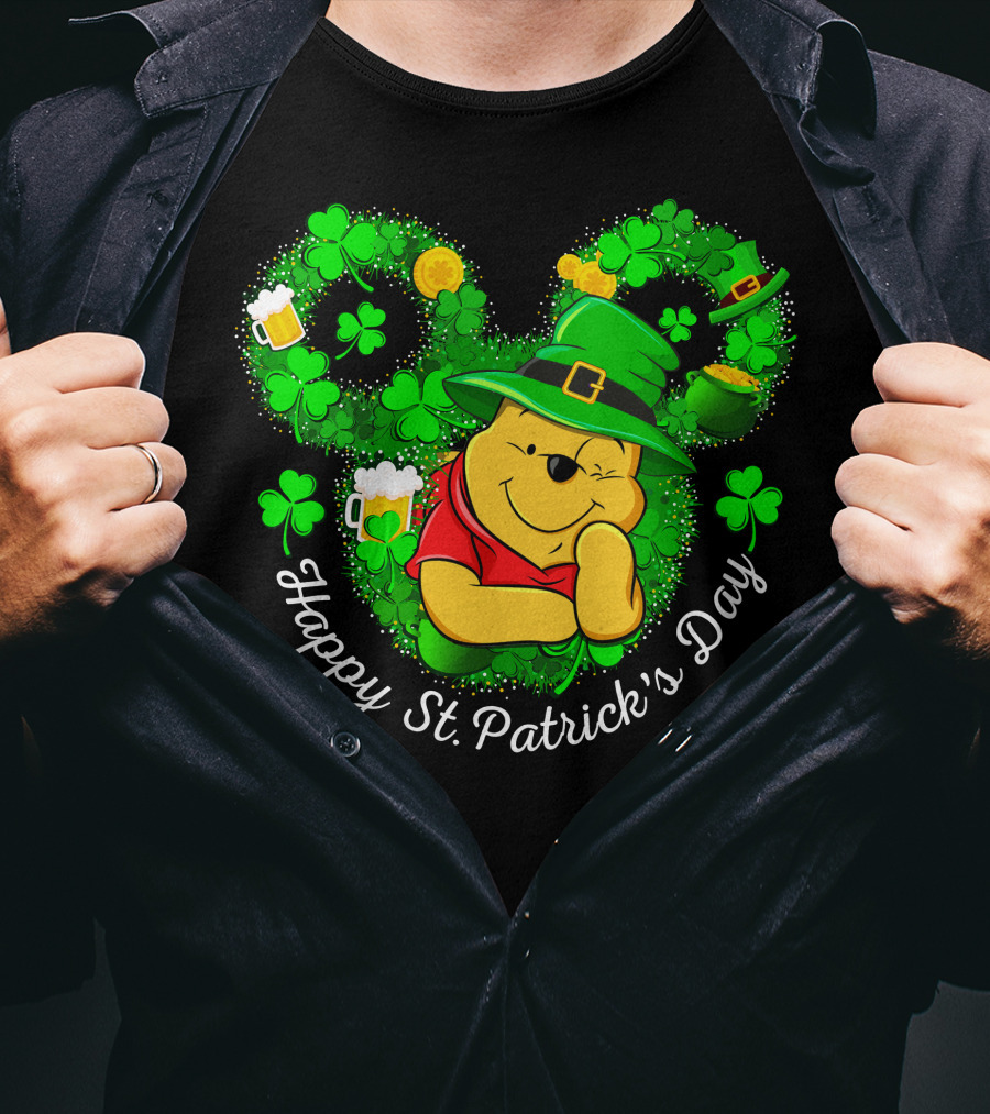 Happy St. Patrick's Day Pooh Shamrocks And Green Hat T-Shirt