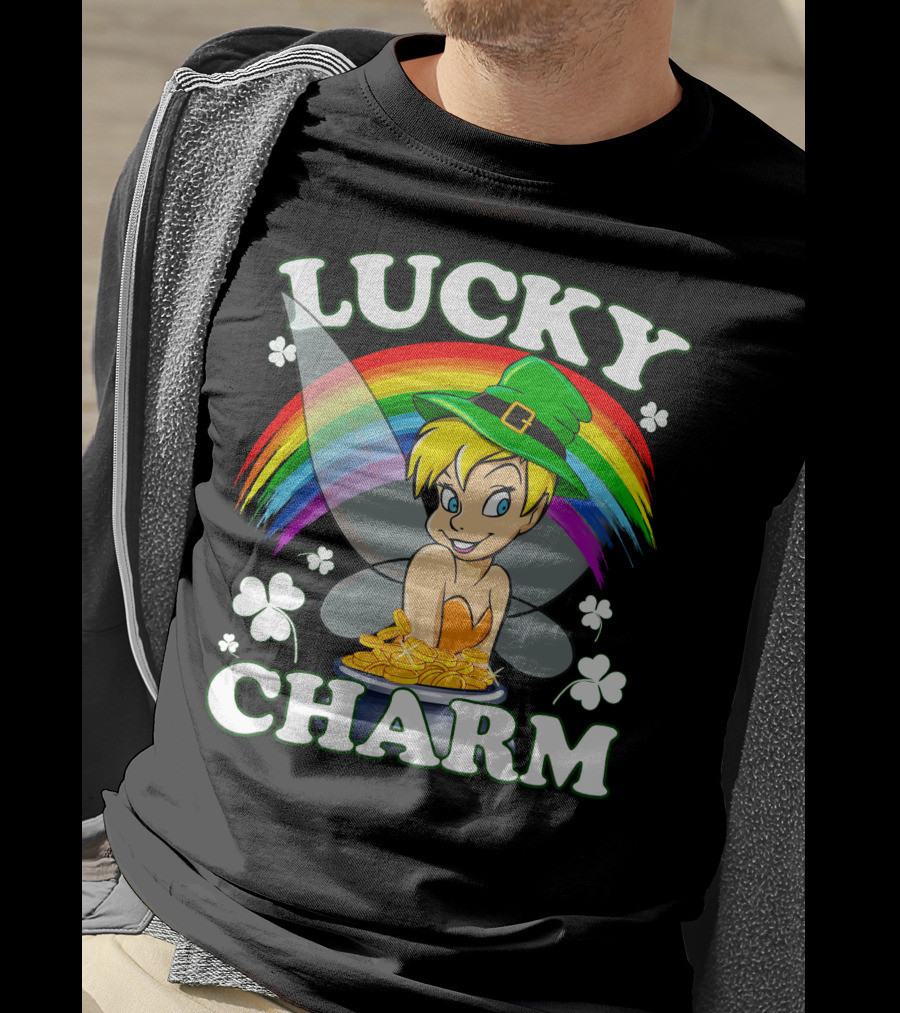 Lucky Charm Tinker Bell Rainbow And Shamrocks T-Shirt