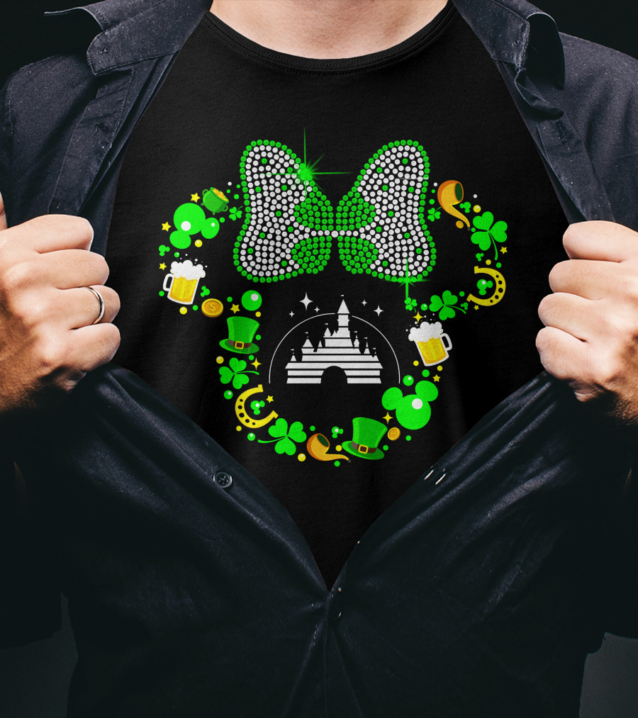 St. Patrick's Day Minnie Mouse Shamrock Castle Lucky Charm Party Bow T-Shirt