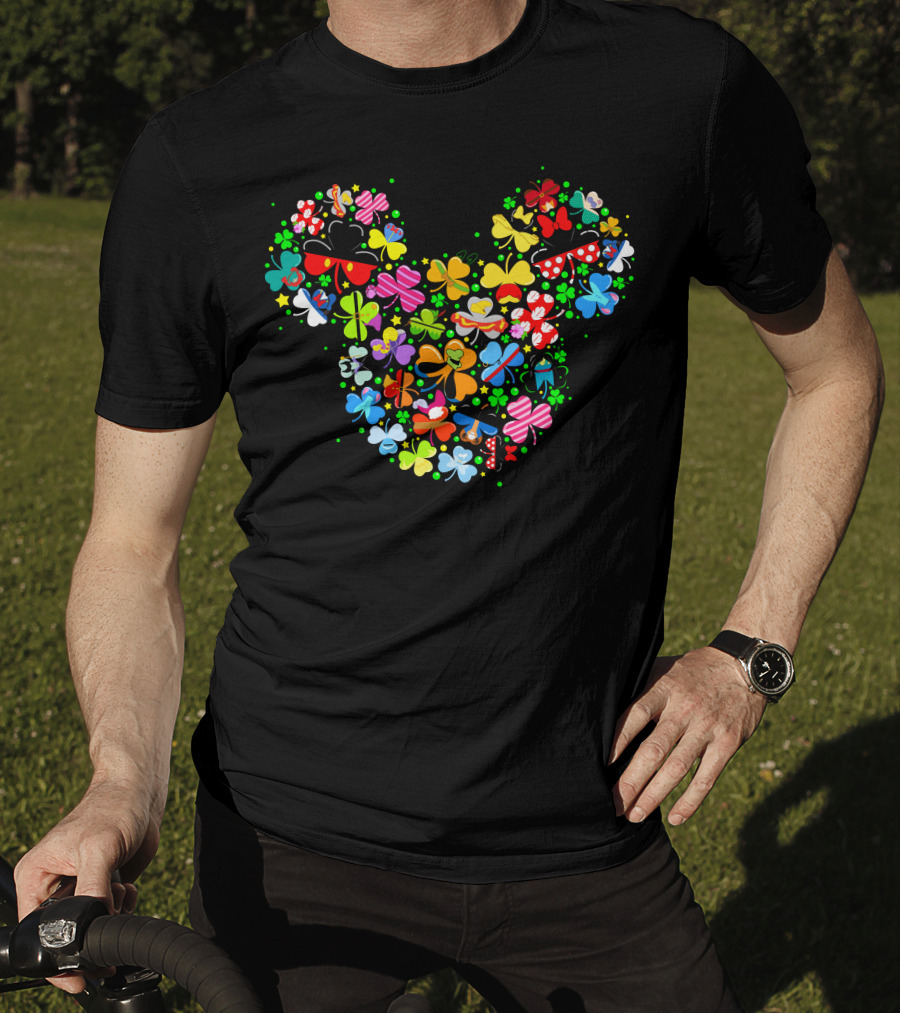 Disney Characters Mickey Mouse Icon Made Of Colorful Bow-Tied Shamrocks T-Shirt