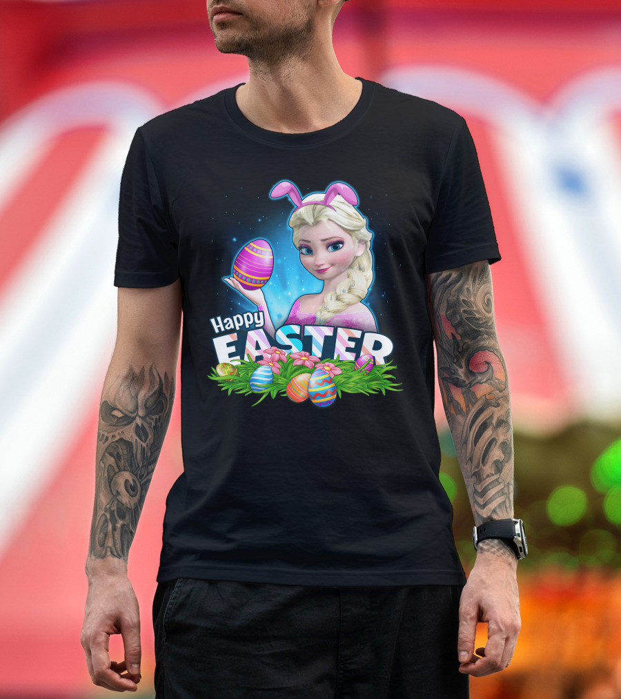 Elsa Happy Easter Bunny Ears And Colorful Eggs T-Shirt
