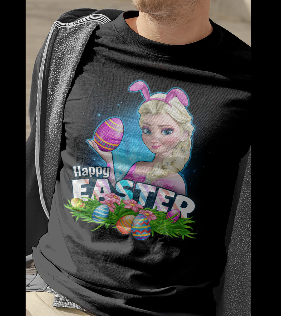 Elsa Happy Easter Bunny Ears And Colorful Eggs T-Shirt