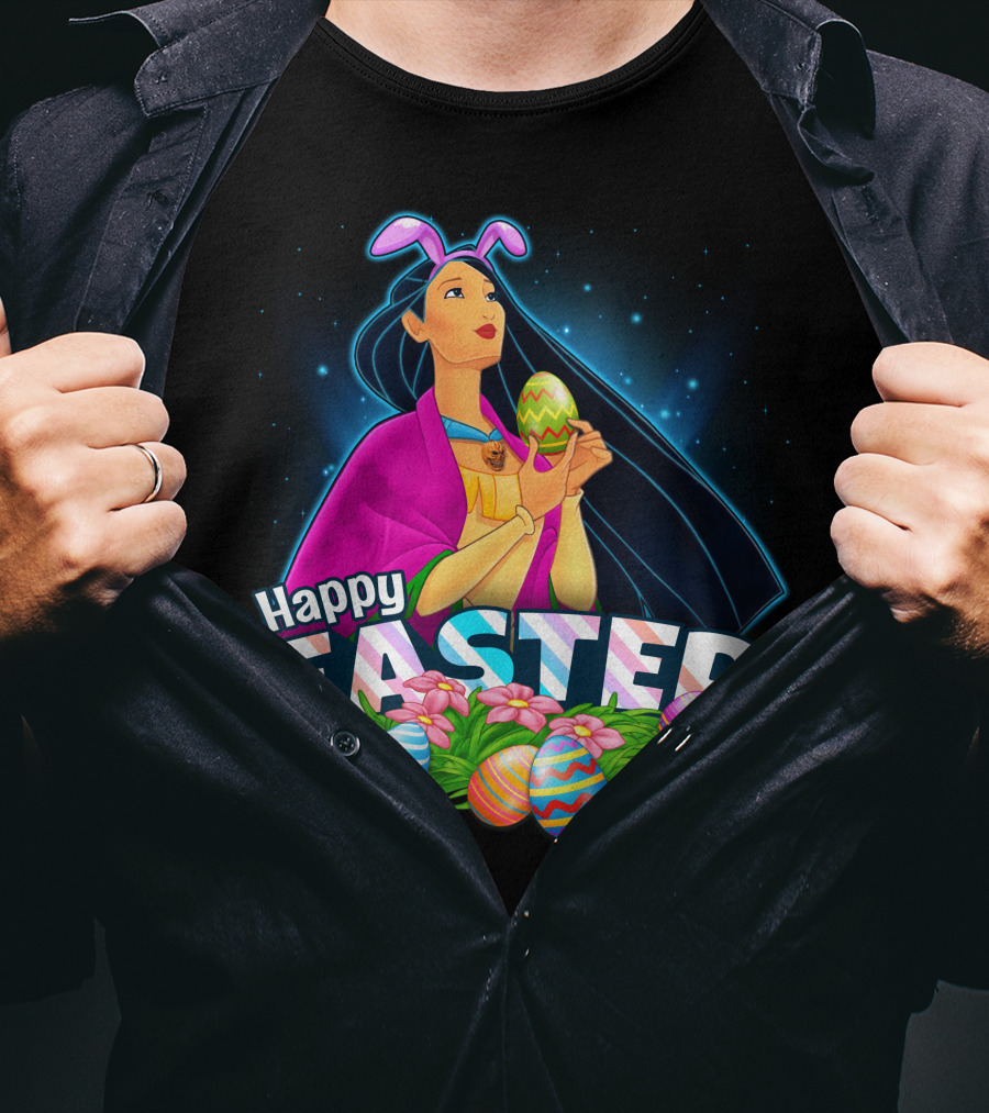 Pocahontas Happy Easter Colorful Eggs And Flowers Scene T-Shirt