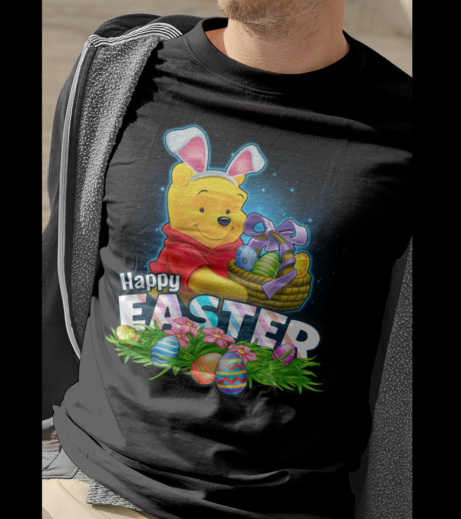 Pooh Happy Easter With Basket Of Eggs And Bunny Ears T-Shirt