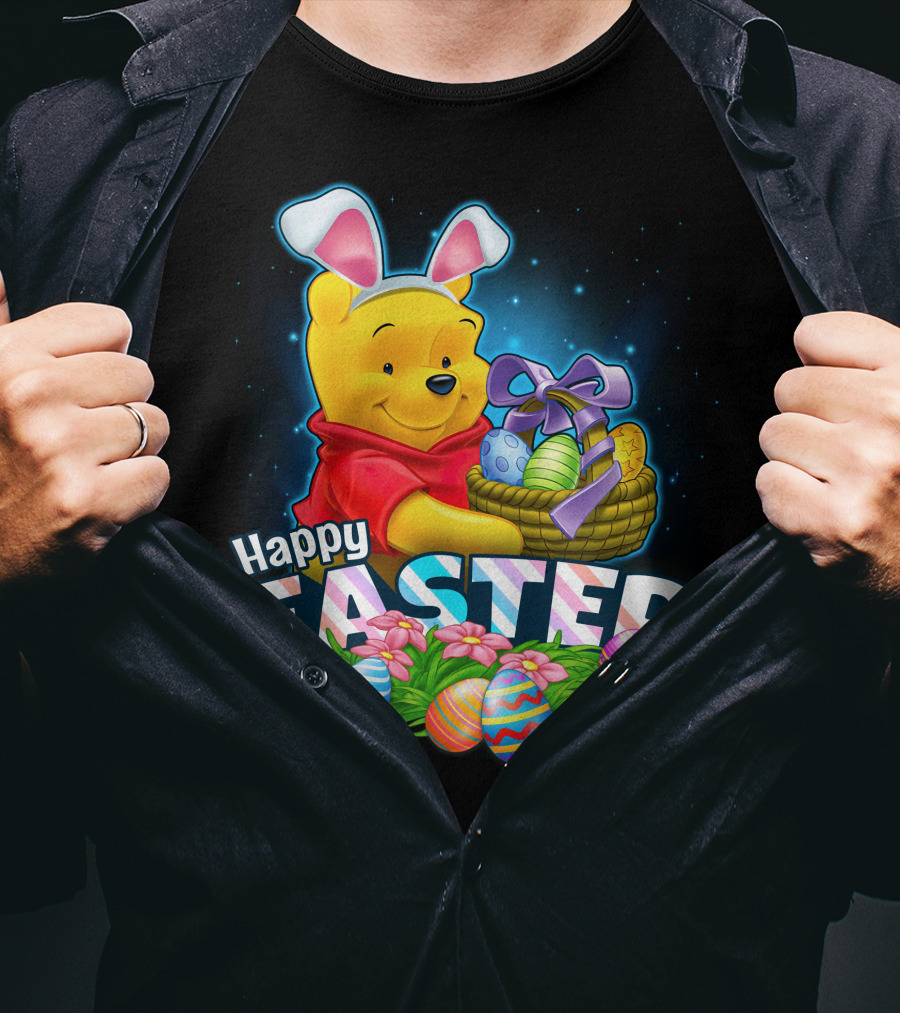 Pooh Happy Easter With Basket Of Eggs And Bunny Ears T-Shirt