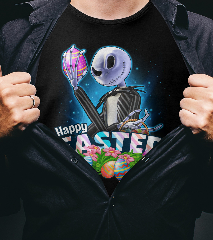 Jack Skellington Easter Celebration With Colorful Eggs And Flowers T-Shirt
