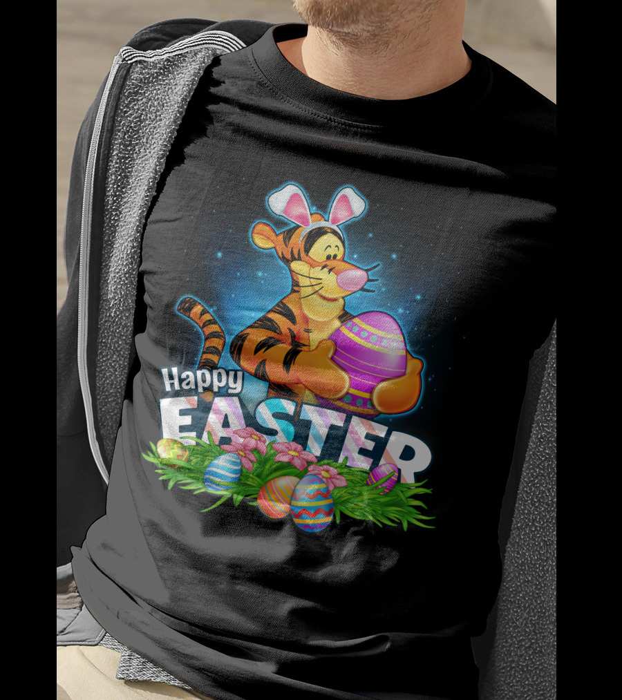 Happy Easter Tigger With Colorful Easter Eggs And Bunny Ears T-Shirt