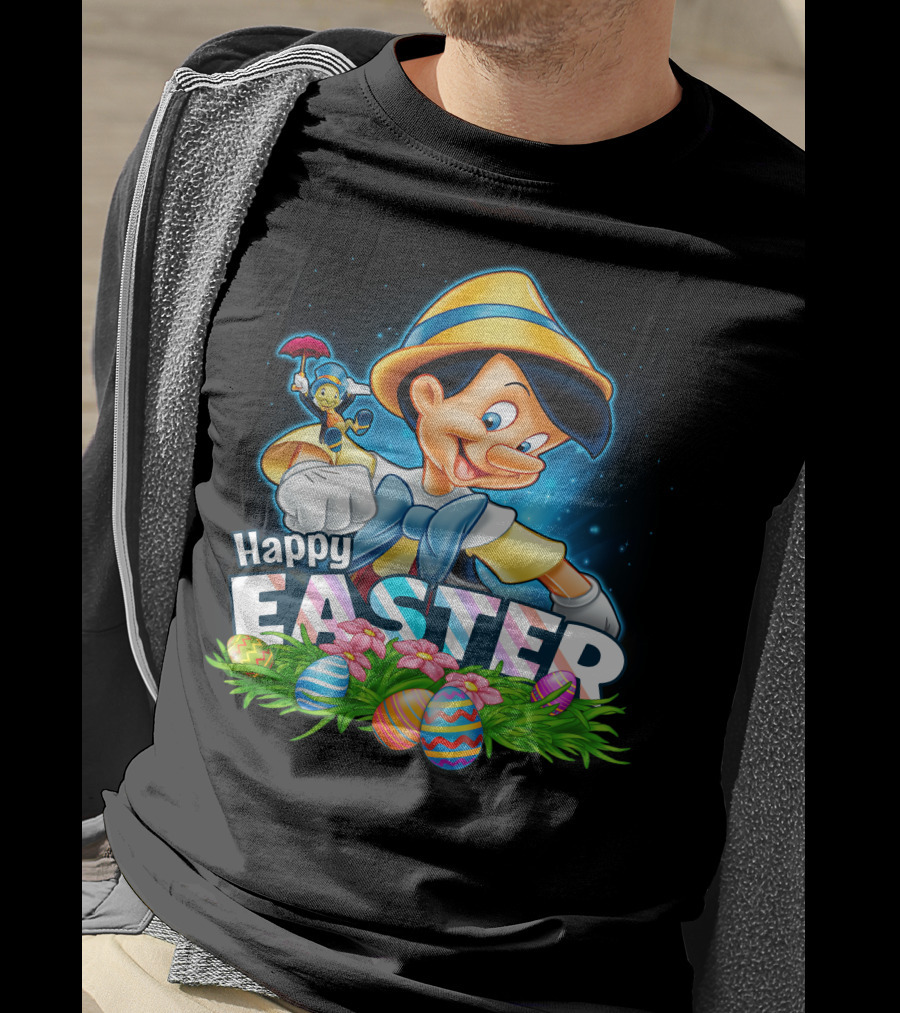 Pinocchio Happy Easter Colorful Eggs And Jiminy Cricket T-Shirt