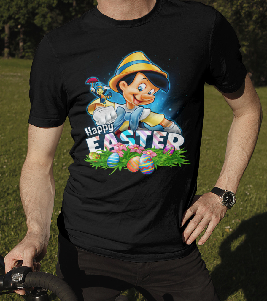 Pinocchio Happy Easter Colorful Eggs And Jiminy Cricket T-Shirt