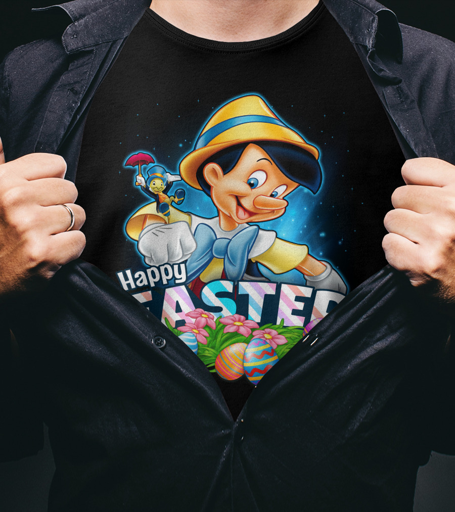 Pinocchio Happy Easter Colorful Eggs And Jiminy Cricket T-Shirt