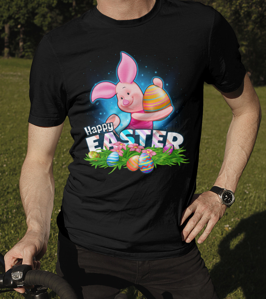 Piglet Happy Easter With Colorful Eggs And Spring Flowers T-Shirt
